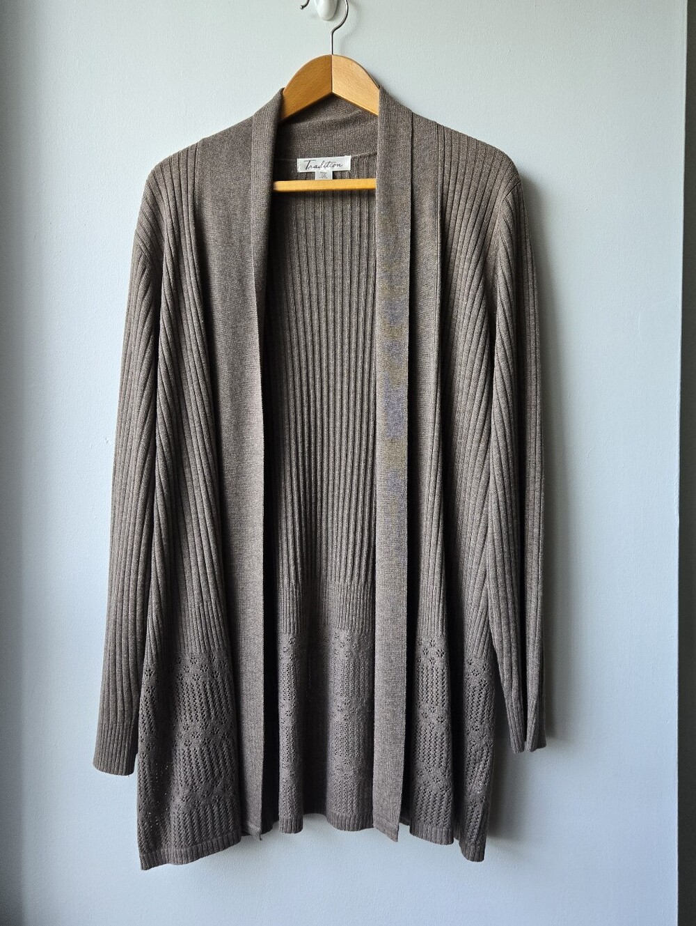 Brown Size 1X Ribbed Women's Cardigan Pointelle Lace Cutout Pattern Grandmacore